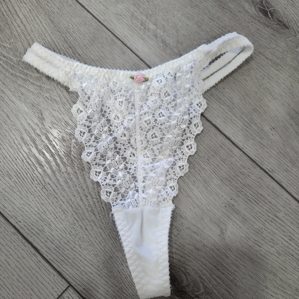 Victoria's Secret White Lace Thong with Pink Accent